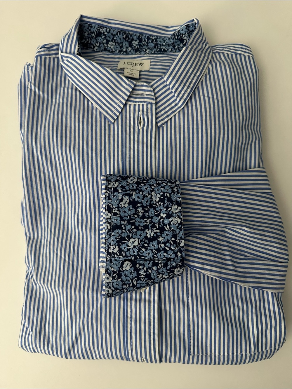 J. Crew Women’s Blue and White Striped Button-Down Shirt with Navy Floral Trim